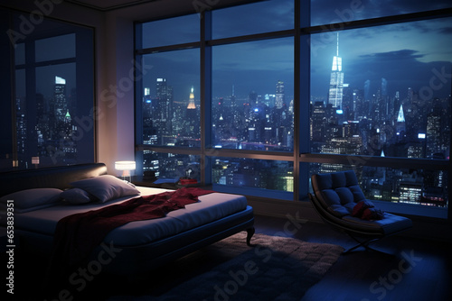a bedroom interior with a panoramic window view of a futuristic cityscape at night, rain streaming down the glass | Generative Ai