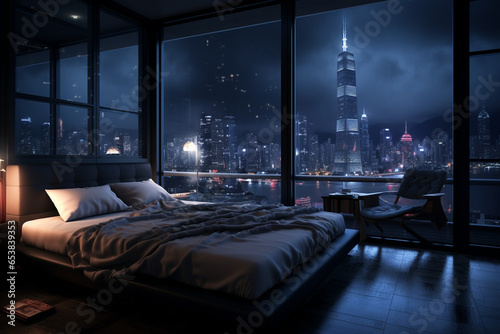 a bedroom interior with a panoramic window view of a futuristic cityscape at night, rain streaming down the glass | Generative Ai