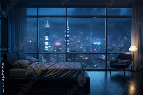 a bedroom interior with a panoramic window view of a futuristic cityscape at night, rain streaming down the glass | Generative Ai