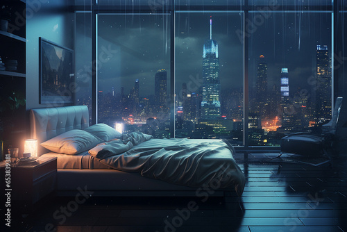 a bedroom interior with a panoramic window view of a futuristic cityscape at night, rain streaming down the glass | Generative Ai