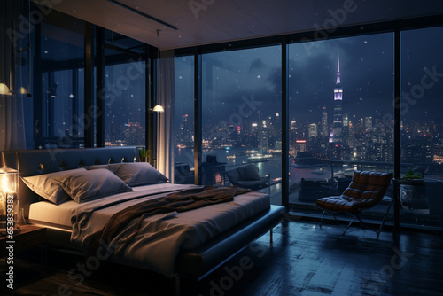 a bedroom interior with a panoramic window view of a futuristic cityscape at night, rain streaming down the glass   Generative Ai © DigitalGold