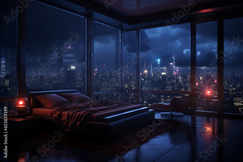 a bedroom interior with a panoramic window view of a futuristic cityscape at night, rain streaming down the glass | Generative Ai