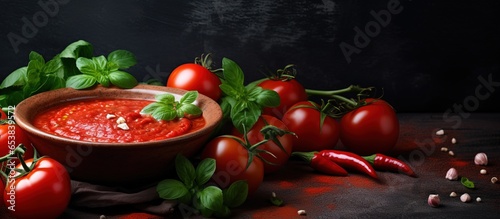Closeup of a grunge background with a delicious tomato sauce and fresh veggies in a bowl