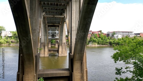 Concrete Bridge architecture with arches beneath the Edmund Pettus Bridge in Selma Alabama crossing the Alabama River in the deep South USA photo