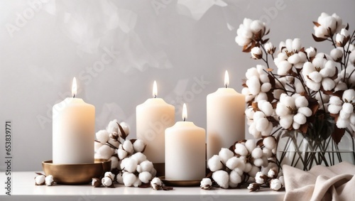 Stylish table with cotton flowers and aroma candles near light wall. Banner for design.
