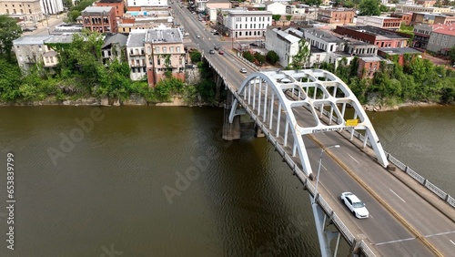 Edmund Pettus bridge over Alabama river in Selma is National historic landmark and location of Bloody Sunday riot protesting denial of voting rights in a Southern state in USA