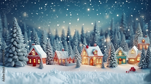 Christmas village with Snow in vintage style. Winter Village Landscape. Christmas Holidays. Christmas Card