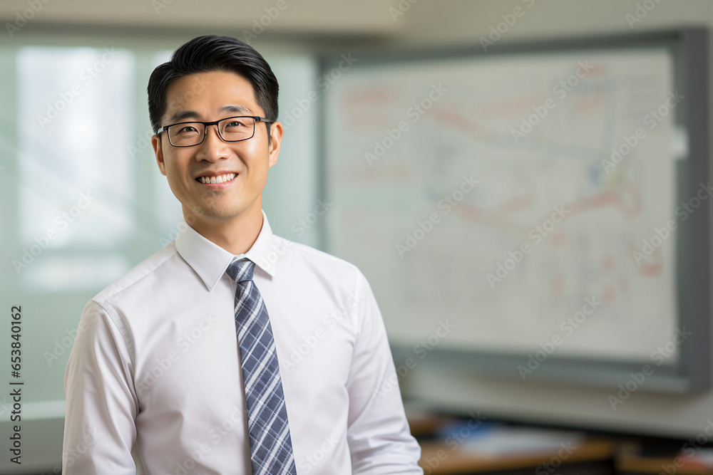 Obraz premium Picture made with generative AI photo of happy handsome man standing in a contemporary office class room