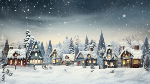 Christmas village with Snow in vintage style. Winter Village Landscape. Christmas Holidays. Christmas Card