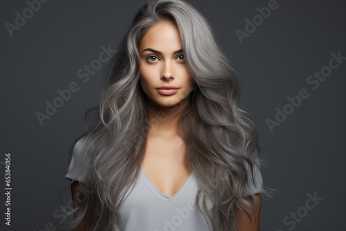 Generative AI picture of beautiful woman fashion model with long dyed gray color hair