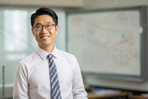 Picture made with generative AI photo of happy handsome man standing in a contemporary office class room