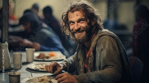 A homeless man sits smiling in the shelter s cafeteria.