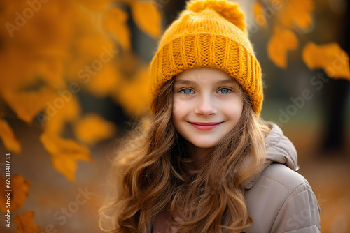 Generative Ai illustration of young woman surrounded by dry foliage autumn park atmosphere