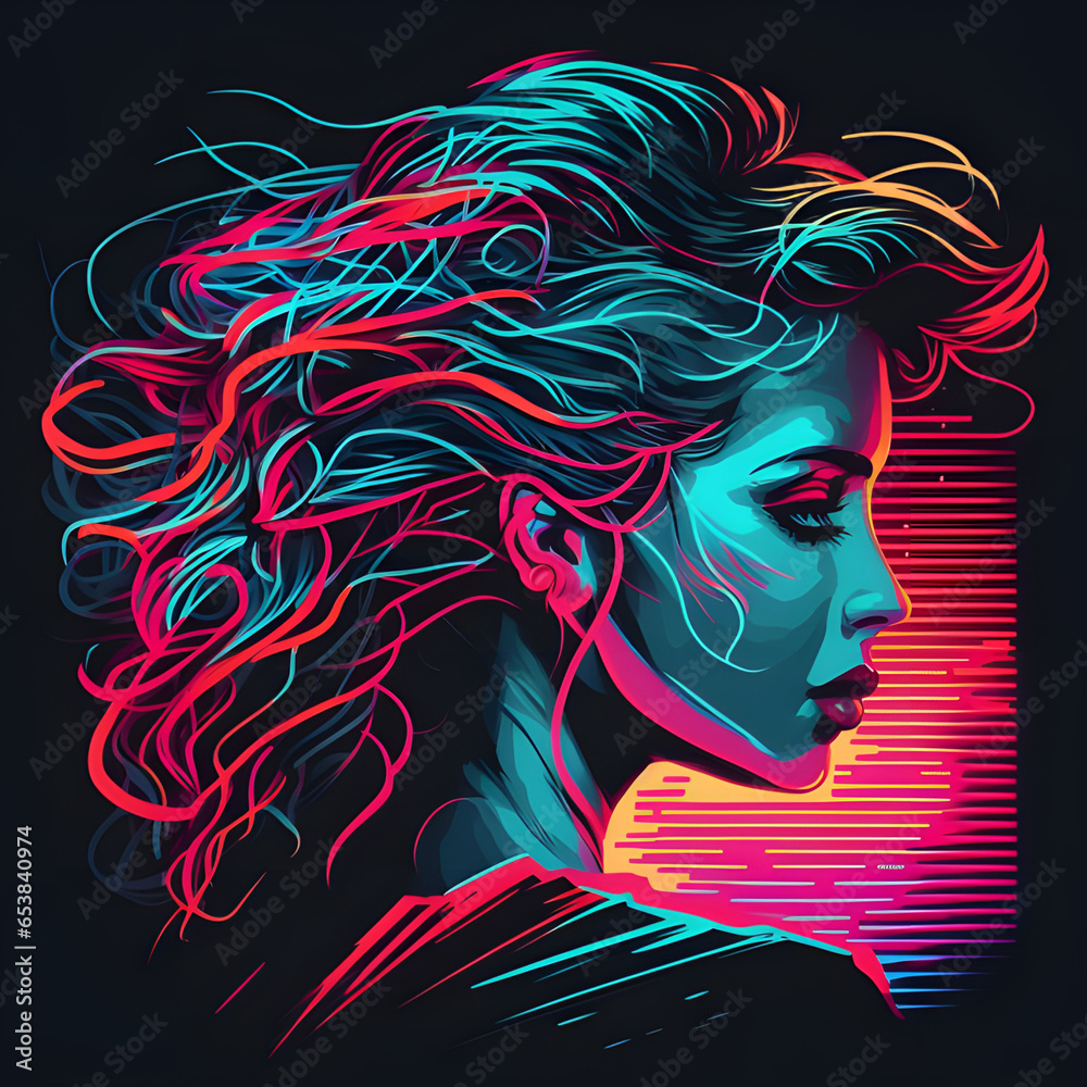 Bad ass woman synthwave style vector art