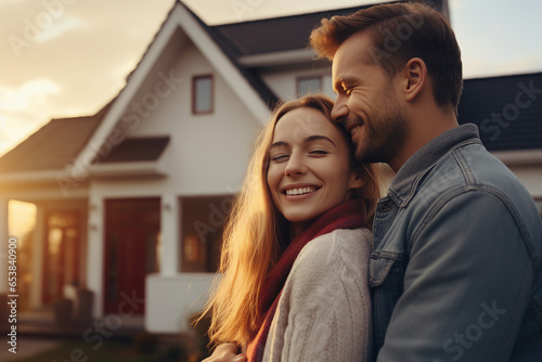 Generative AI portrait picture of two people couple in love happily smiling in front of new buy house