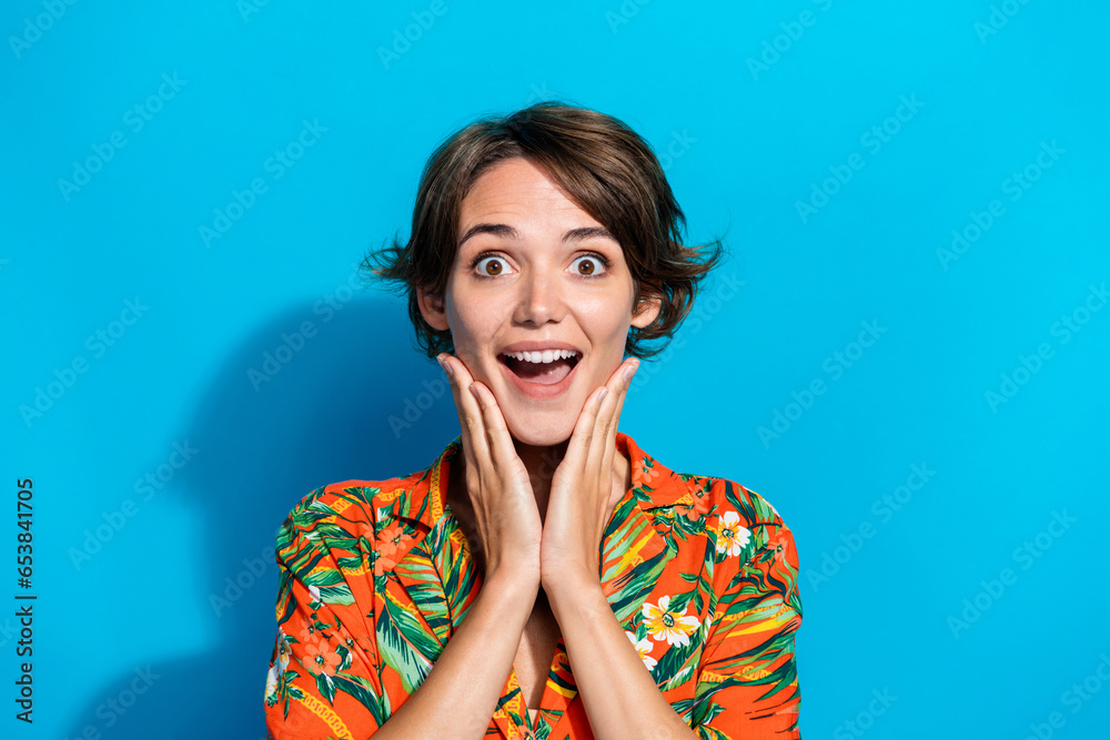 Fototapeta premium Photo of cheerful positive girl wear stylish clothes arms touching face rejoice wow special offer sale isolated on blue color background