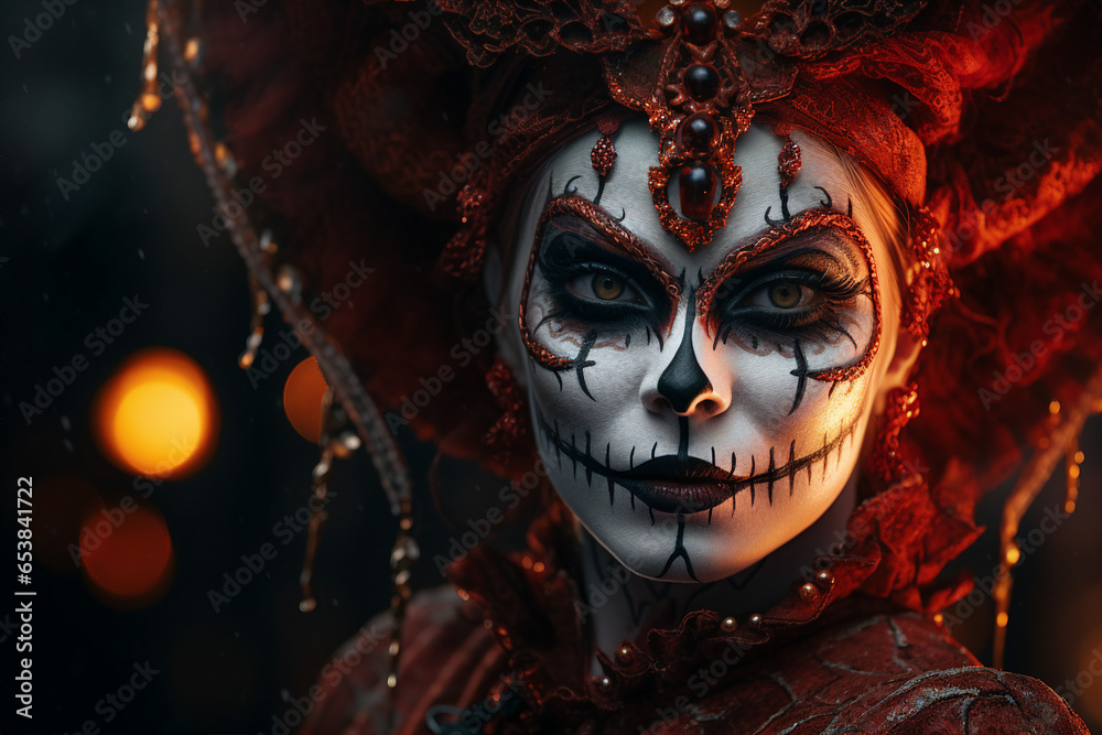 Generative AI image of mystical personage with scary creepy bodyart halloween theme party concept