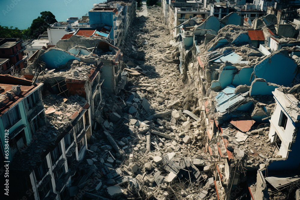 Fototapeta premium Generative AI image visualization of a city destroyed by earthquake natural disaster catastrophe