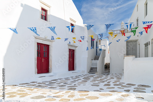 Typical street scene in Mykonos Town one of the Cyclades islands in Greece