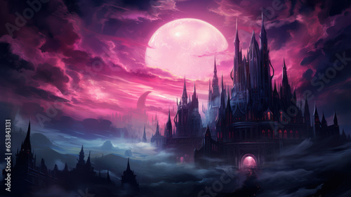 Gothic Cathedral's Flowing Pink-Purple Magic With Pastel Goth Style. Dark Mystical Castle. Goth Vampire Digital Painting Illustration Wallpaper. Generative AI