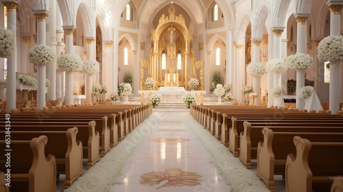 Interior of a church, decorated for a wedding ceremony photo
