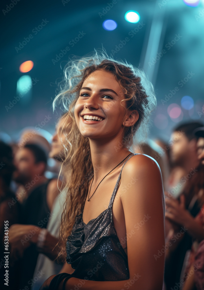 Young Attractive Woman in Her 20s Enjoying Vibrant Concert Atmosphere - Celebrating Youth, Music & Passion - Highlighting Carefree Moments & Youthful Energy. Generative AI.