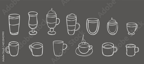 Sketch of coffee cups on a chalkboard. Stylized sketch coffee  drawn with chalk on a black board.  Doodle coffee cups set. Can be used as menu board for restaurant or bars.