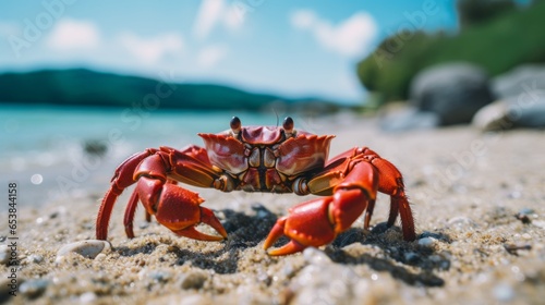 a cute little red crab with sharp claws on snad at a beach at ocean reef on an island turquoise water color. 16:9 4k background wallpaper. Generative AI