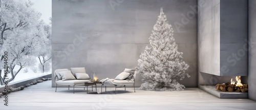 Christmas mockup. Winter  snowy patio of suburban house. Luxury exterior design scene.Villa Backyard terrace with couches and lounge chairs. Vacation  wellness  resort  hotel  penthouse.Generative ai
