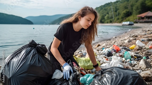 Activist volunteers cleaning waste and trash in the beach, pollution and environmental protection © mashimara