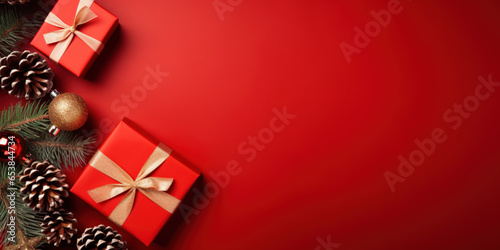 Christmas and new year background - gift boxes, pine cones and branches on red background with copy space