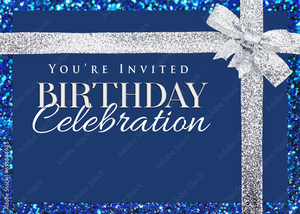 Blue Birthday Party Invitation Template with Silver Ribbon Stock Blue Birthday Party Invitation Template with Silver Ribbon Stock