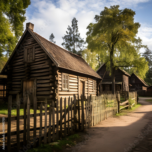 Old building and wooden fence in ethnographic open air village in riga, latvia