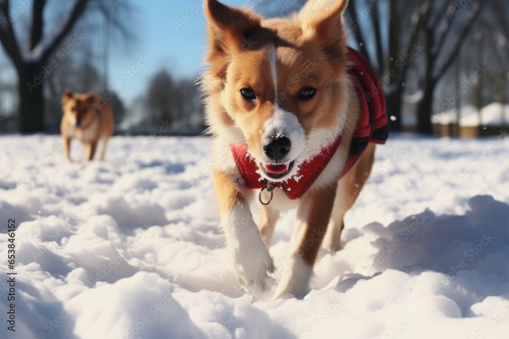 A sunny winter day, a puppys snowy adventure in the park A sunny winter day, a puppys snowy adventure in the park