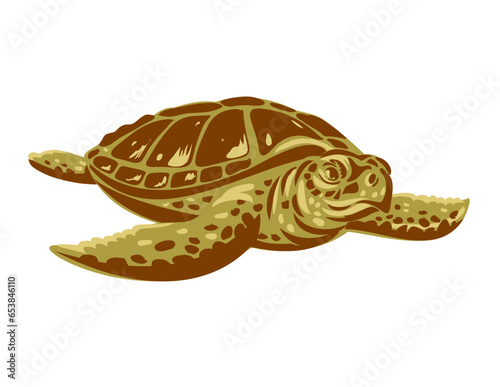 WPA poster art of the Kemp's ridley sea turtle, Lepidochelys kempii or the Atlantic ridley sea turtle viewed from front done in works project administration or federal art project style.