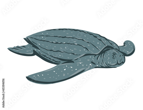 WPA poster art of a leatherback sea turtle, Dermochelys coriacea, lute turtle, leathery turtle viewed from front done in works project administration or federal art project style.
 photo