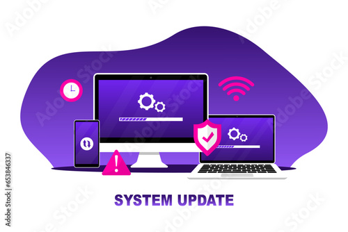System update. System software update concept. Update process. Install new software, operating system. Technical error and service. Vector illustration