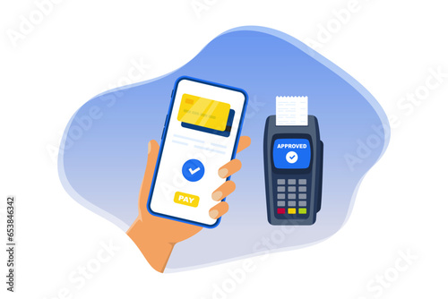 Mobile payment. NFC payments. Smartphone with online payment. Credit card on screen phone. Contactless payment concept. E-payment. POS terminal with credit card. Vector illustration