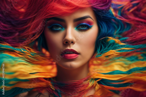 A Beautiful Woman with Abstract Makeup, Hair, and Background