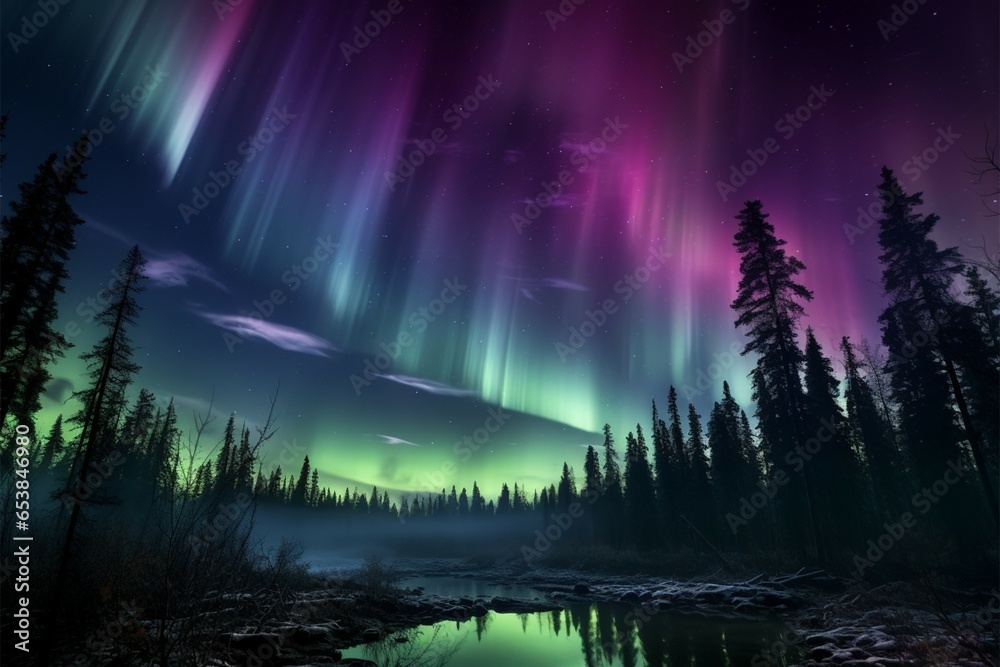 Auroras magic purple and green lights above the tree line