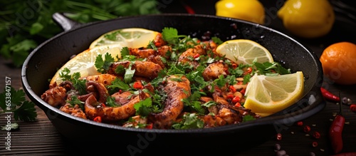 Tasty seafood dishes with octopus lemon parsley and chili