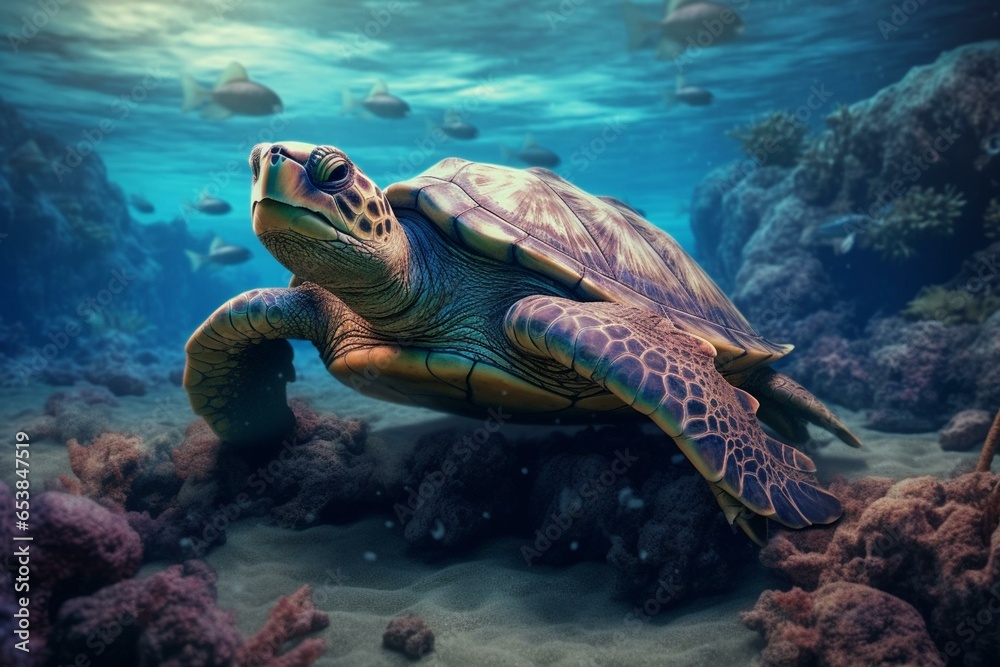 Fototapeta premium Sea turtle crawling on rocky sandy bottom. Generative AI