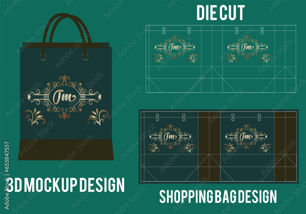 Shopping bag die cut template, paper bag die cut template, 3d bag