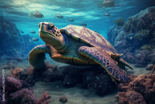 Sea turtle crawling on rocky sandy bottom. Generative AI