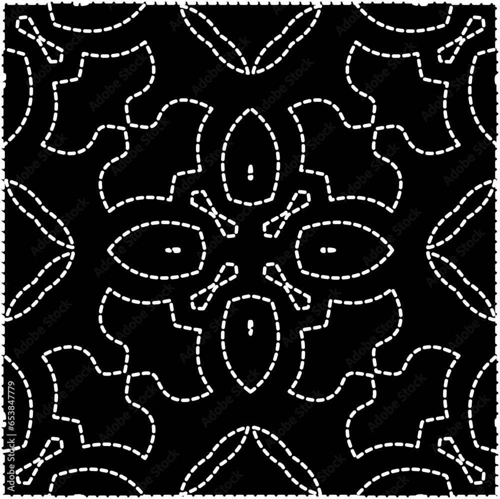 
A repeat pattern of white dots on a black background. White mandala.