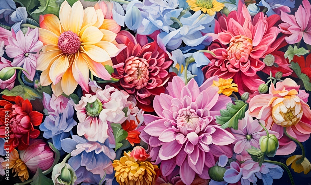 Painting background of various flowers full screen embossed, AI generative
