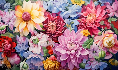 Painting background of various flowers full screen embossed  AI generative