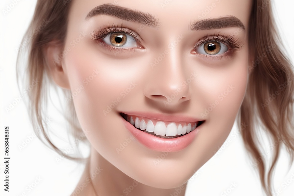 close up photo portrait of beautiful young model woman smiling with clean teeth. used for dental advertising or comics. isolated on white background. Generative AI close up photo portrait of beautiful young model woman smiling with clean teeth. used for dental advertising or comics. isolated on white background. Generative AI