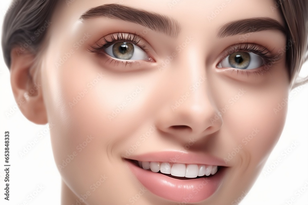 close up photo portrait of beautiful young model woman smiling with clean teeth. used for dental advertising or comics. isolated on white background. Generative AI close up photo portrait of beautiful young model woman smiling with clean teeth. used for dental advertising or comics. isolated on white background. Generative AI