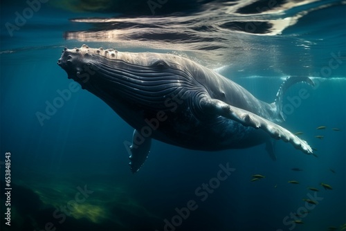 Graceful humpback calf twirls in azure waters, enchanting ocean spectacle